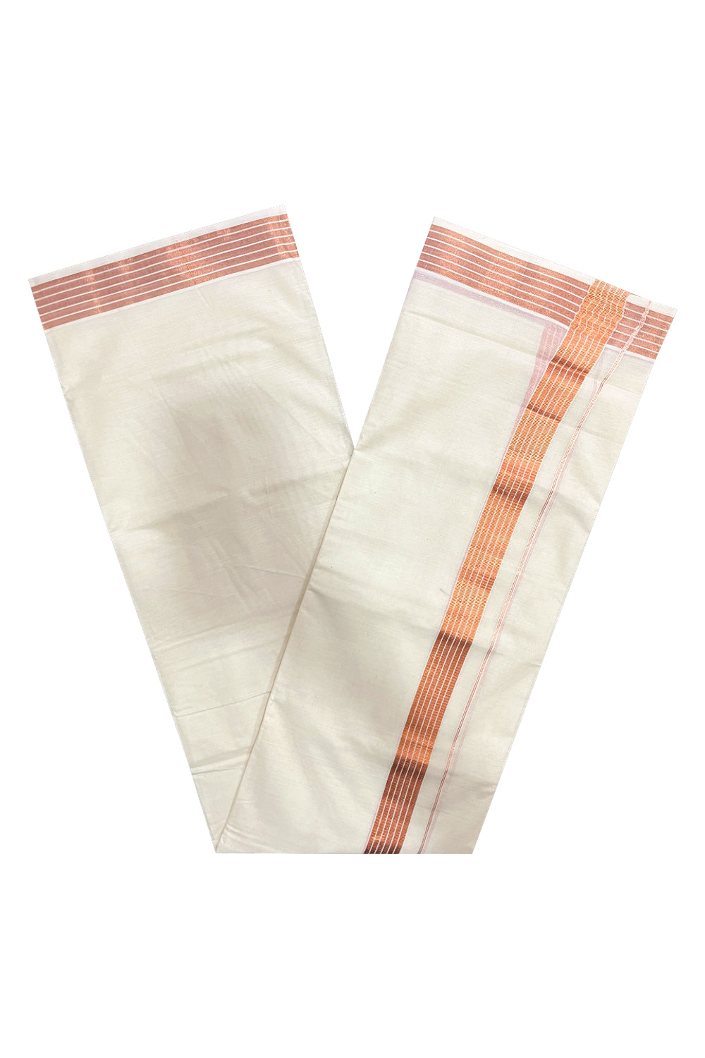 Off White Pure Cotton Double Mundu with Copper Kasavu Kara (South Indian Dhoti)