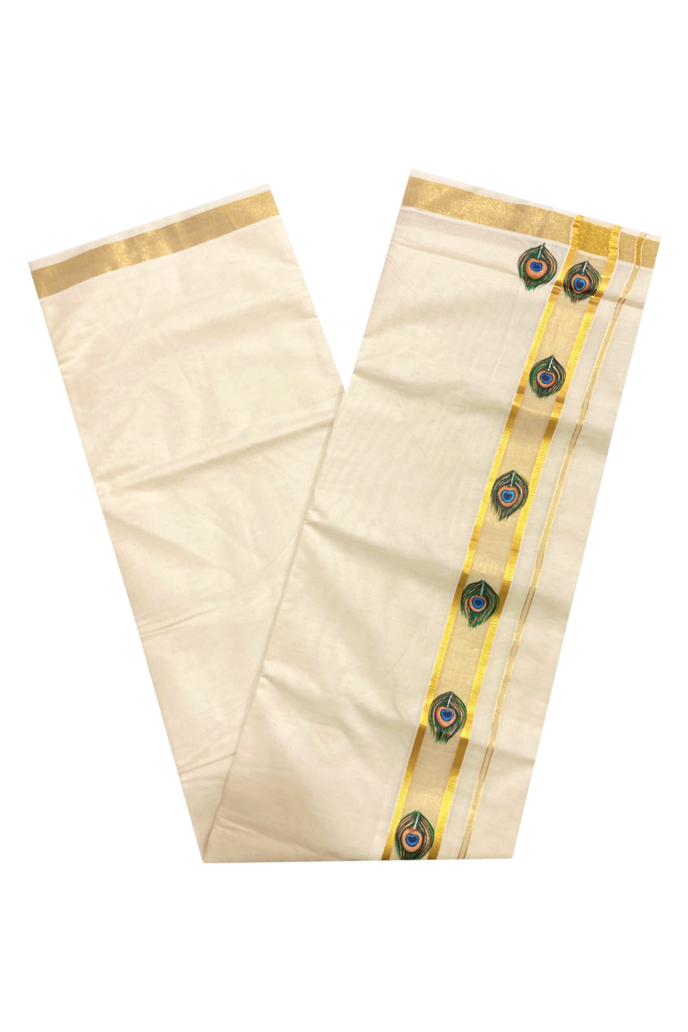 Off White Pure Cotton Double Mundu with Mural Prints on Kasavu Kara (South Indian Dhoti)