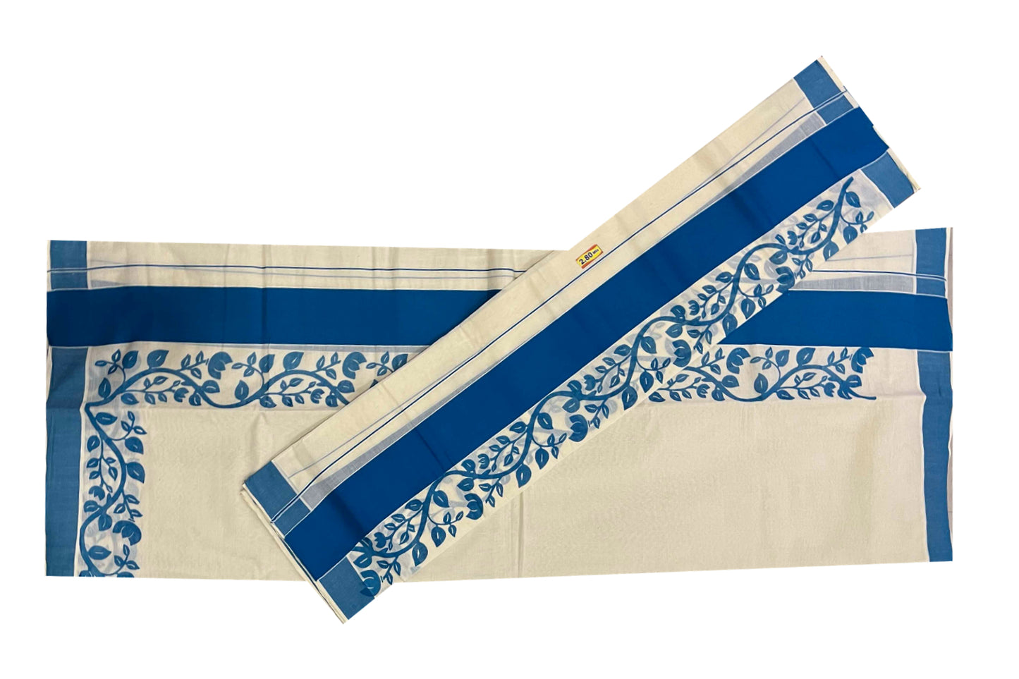 Southloom Original Design Single Set Mundu with Blue Floral Vines Block Print (Mundum Neriyathum) 2.80 Mtrs