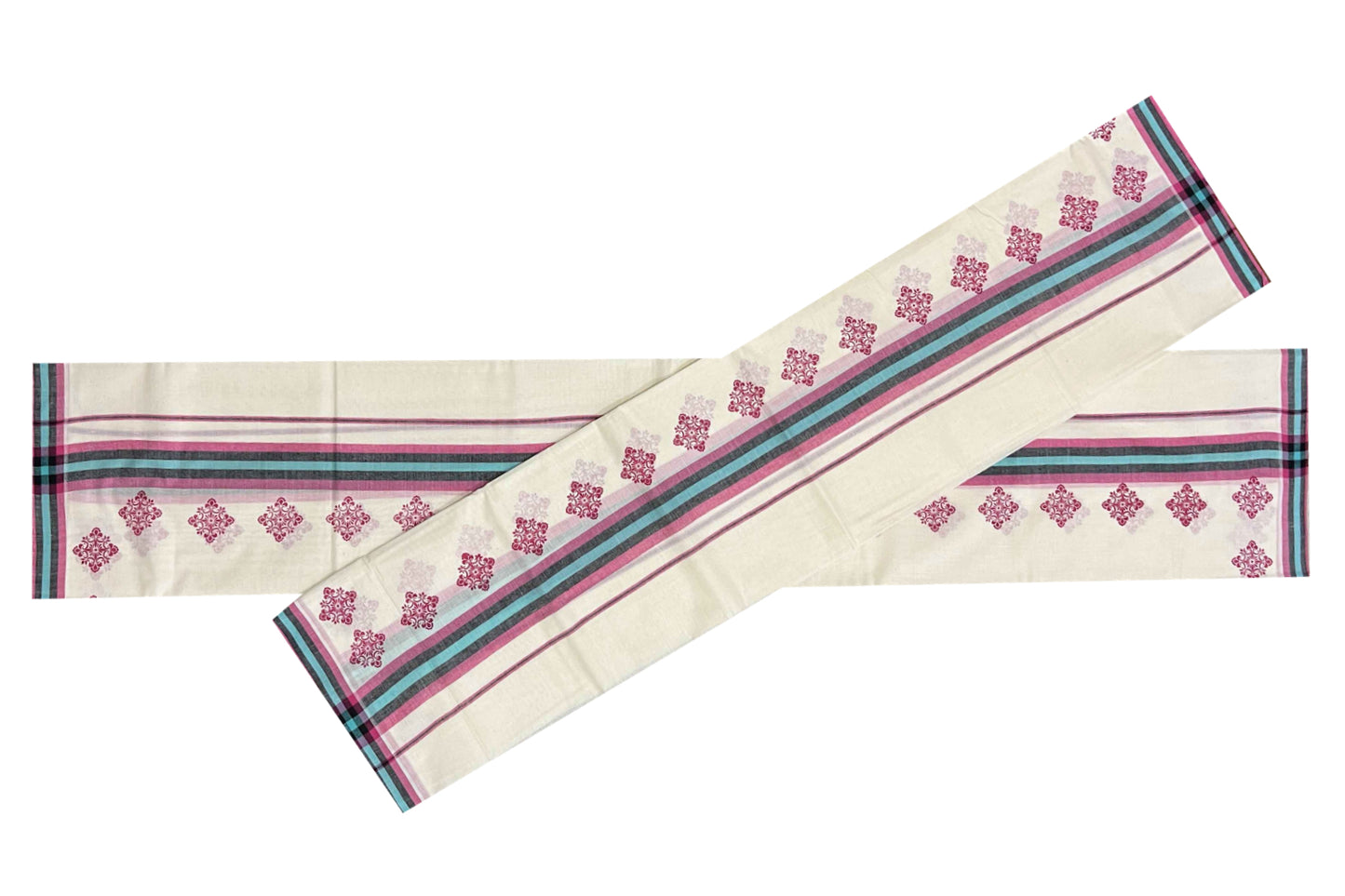 Kerala Cotton Mulloth Mundum Neriyathum Single (Set Mundu) with Pink Floral Block Print Border (Extra Soft Cotton)