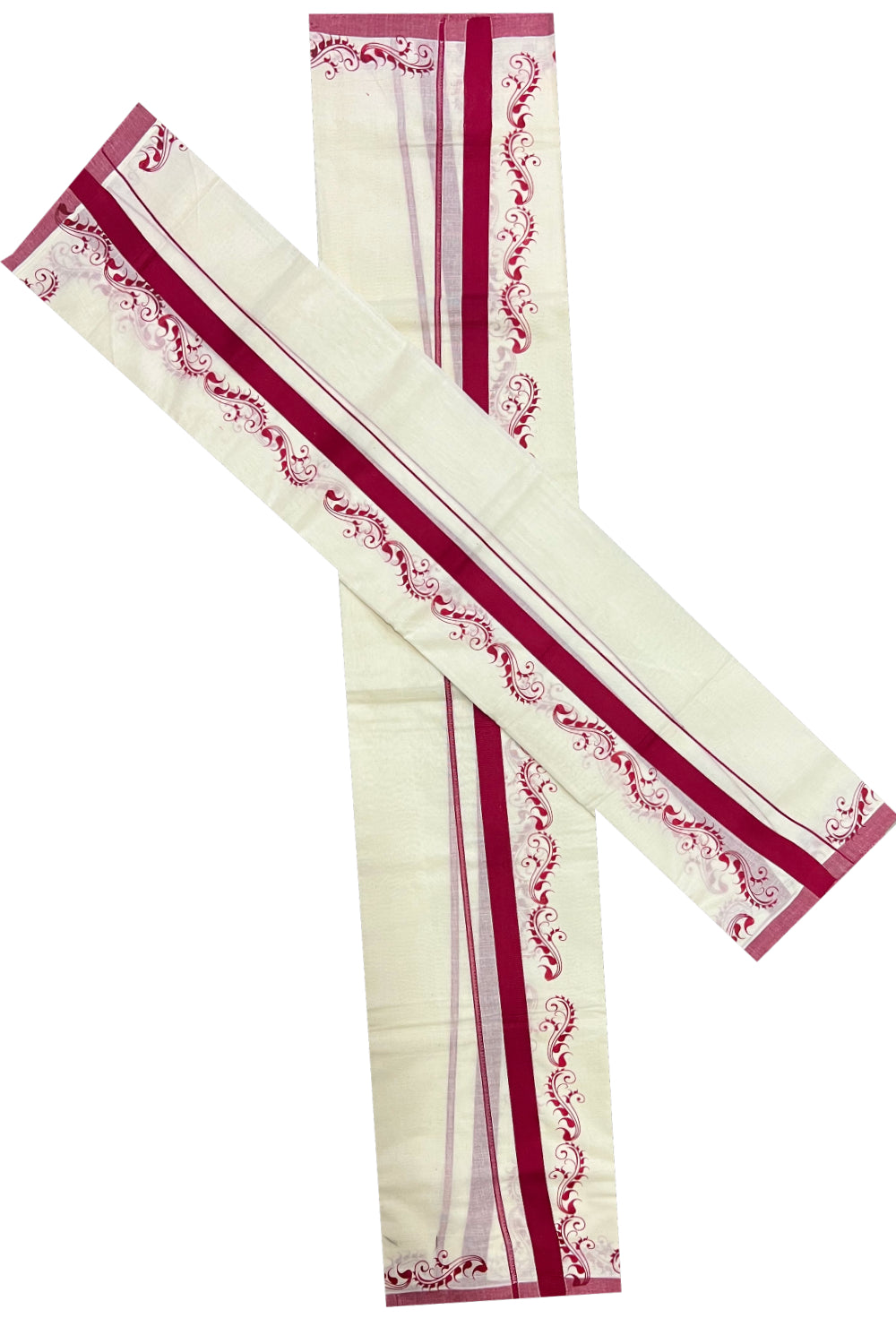 Pure Cotton Set Mundu (Mundum Neriyathum) with Maroon Block Prints on Border