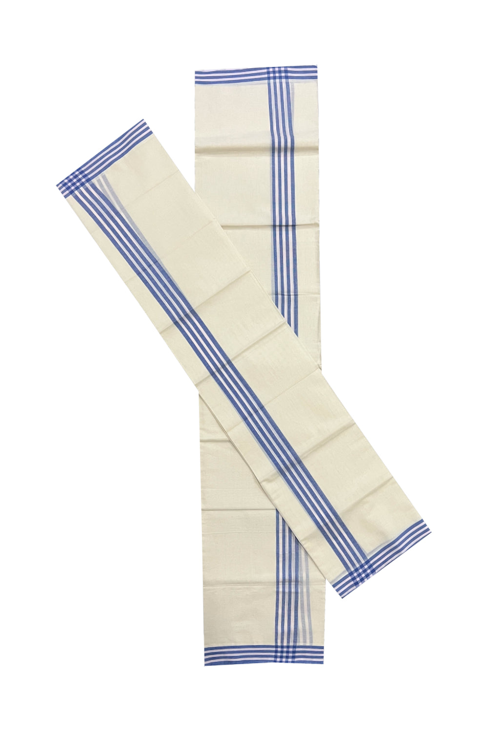 Kerala Cotton Mundum Neriyathum Single (Set Mundu) with Blue and White Mulloth Border (Extra Soft Cotton)