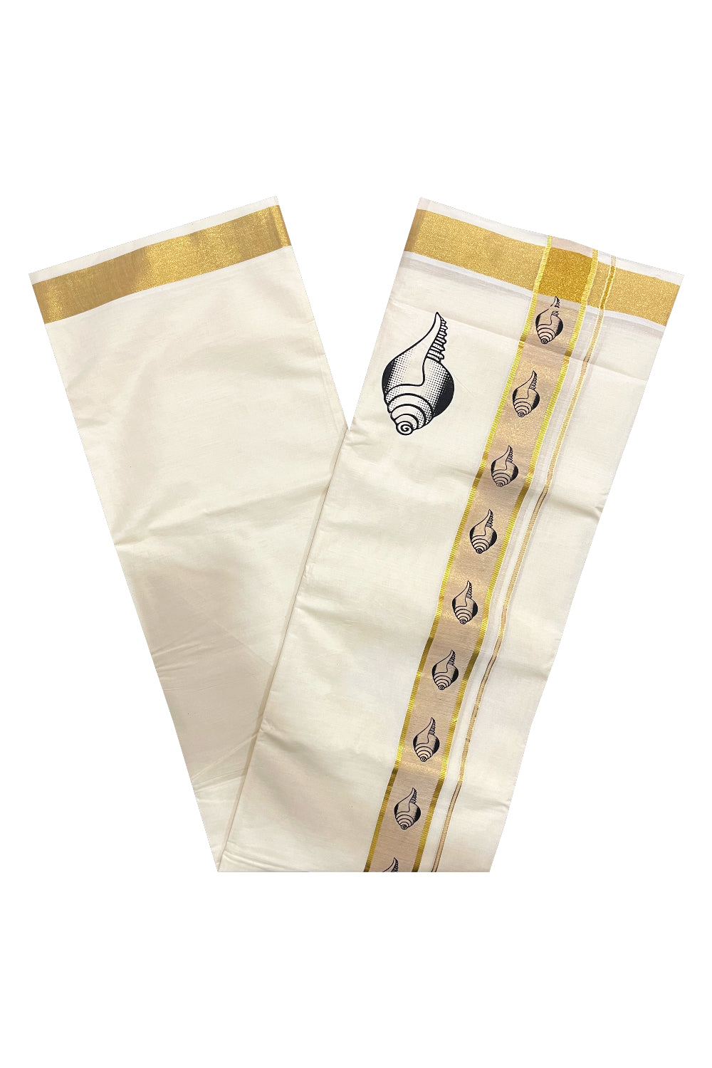 Pure Cotton Off White Double Mundu with Black Block Prints on Kasavu Kara (South Indian Dhoti)