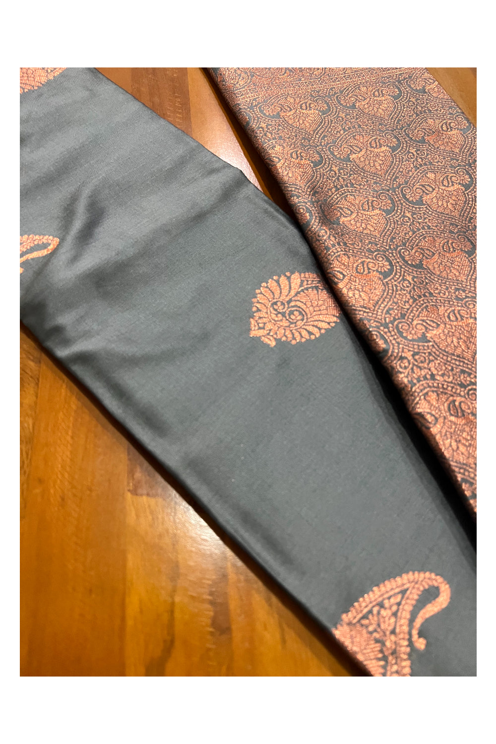 Southloom Grey Semi Silk Designer Saree with Copper Kasavu Woven Works on Body