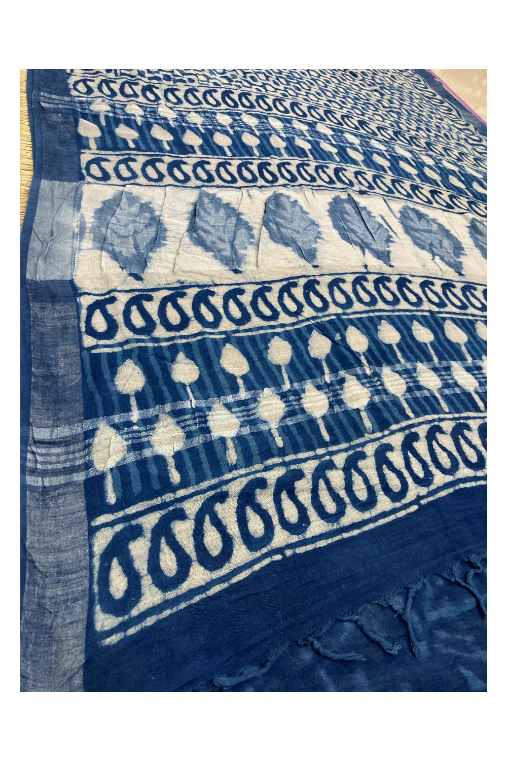 Southloom Linen Indigo Blue Saree with White Designer Prints and Tassels on Pallu