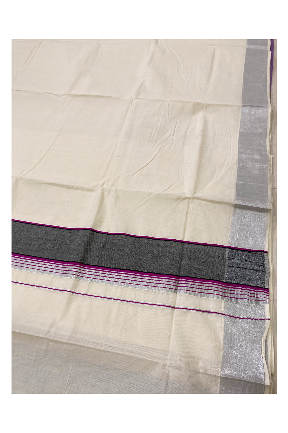 Pure Cotton Silver Kasavu Plain Saree with Magenta and Black Border