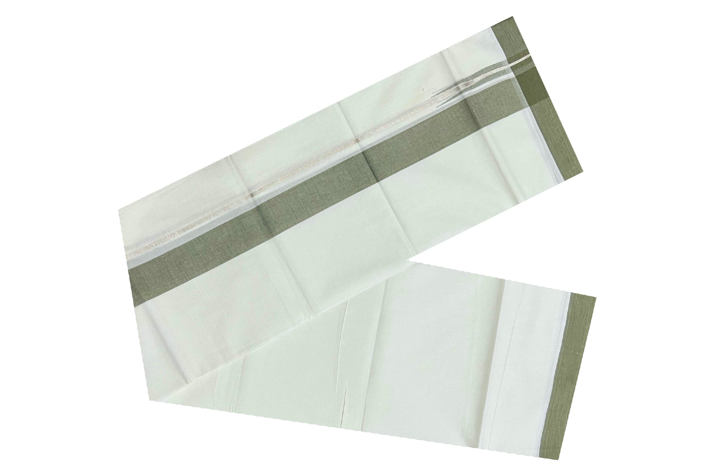 Pure White Cotton Mundu with Green and Silver Puliyilakkara Chutti Kara (South Indian Dhoti)