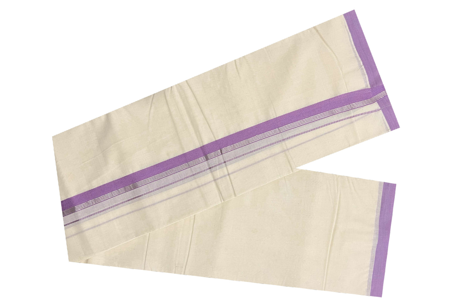 Off White Pure Cotton Double Mundu with SIlver Kasavu and Violet Kara (South Indian Dhoti)