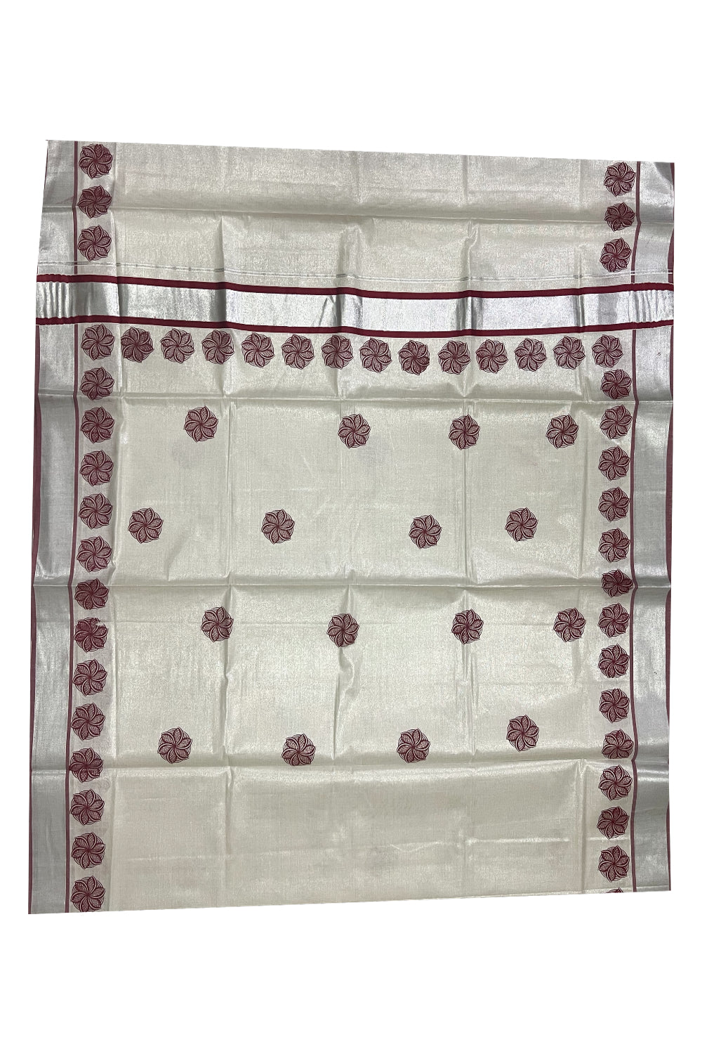 Kerala Silver Tissue Kasavu Saree with Maroon Floral Mural Prints on Pallu