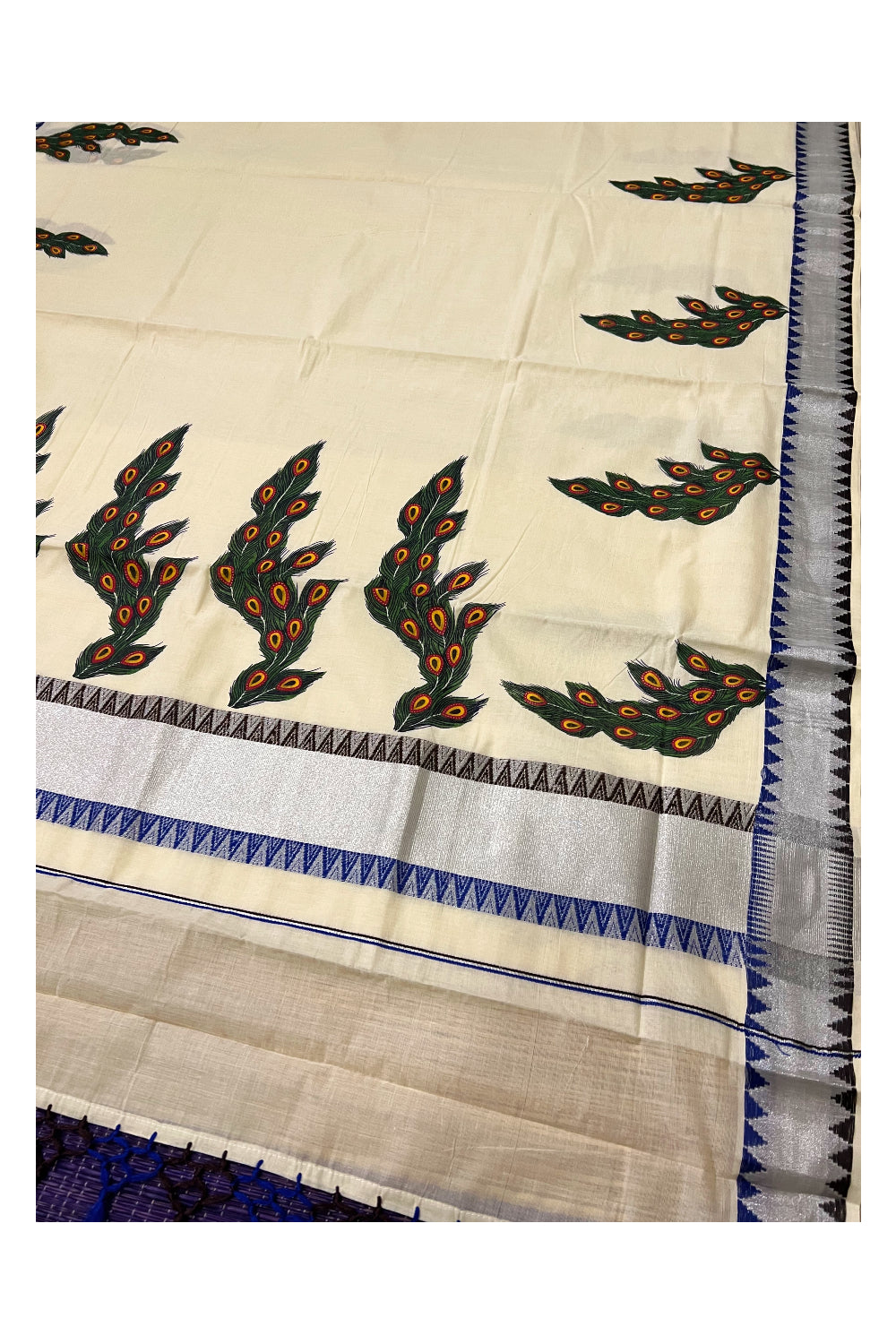 Kerala Pure Cotton Saree with Mural Printed Feather Design and Blue Brown Temple Border