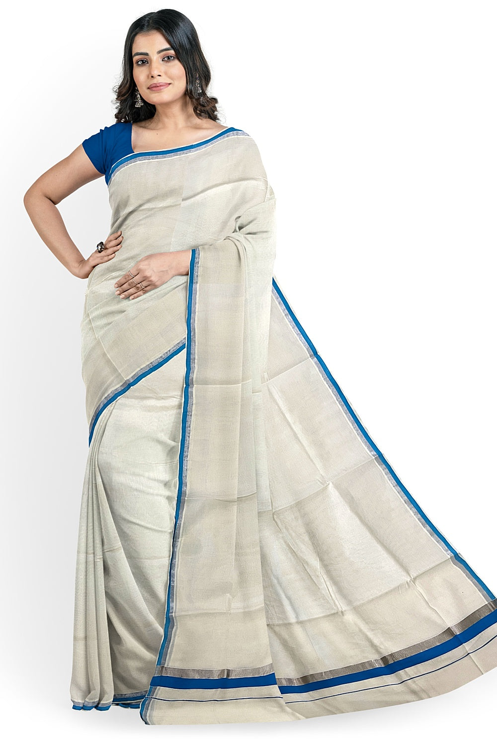 Kerala Pure Cotton Plain Saree with Silver Kasavu and Blue Border