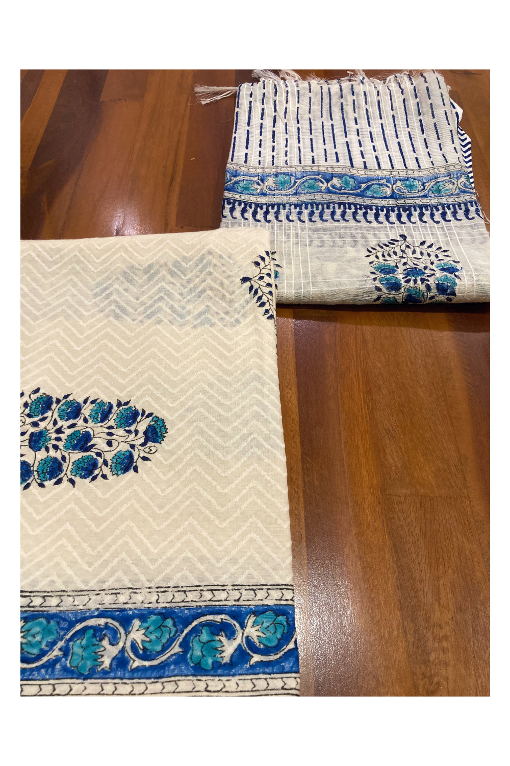 Southloom™ Cotton Churidar Salwar Suit Material in Off White with Blue Floral Printed Design