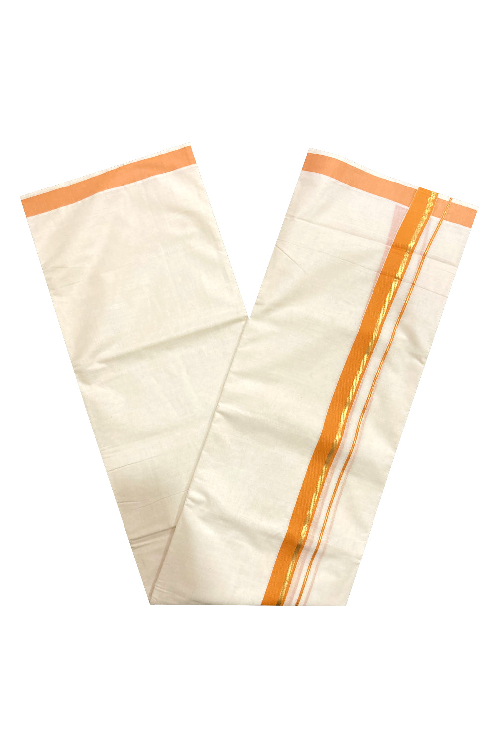 Pure Cotton Double Mundu with Orange and Kasavu Border (South Indian Dhoti)