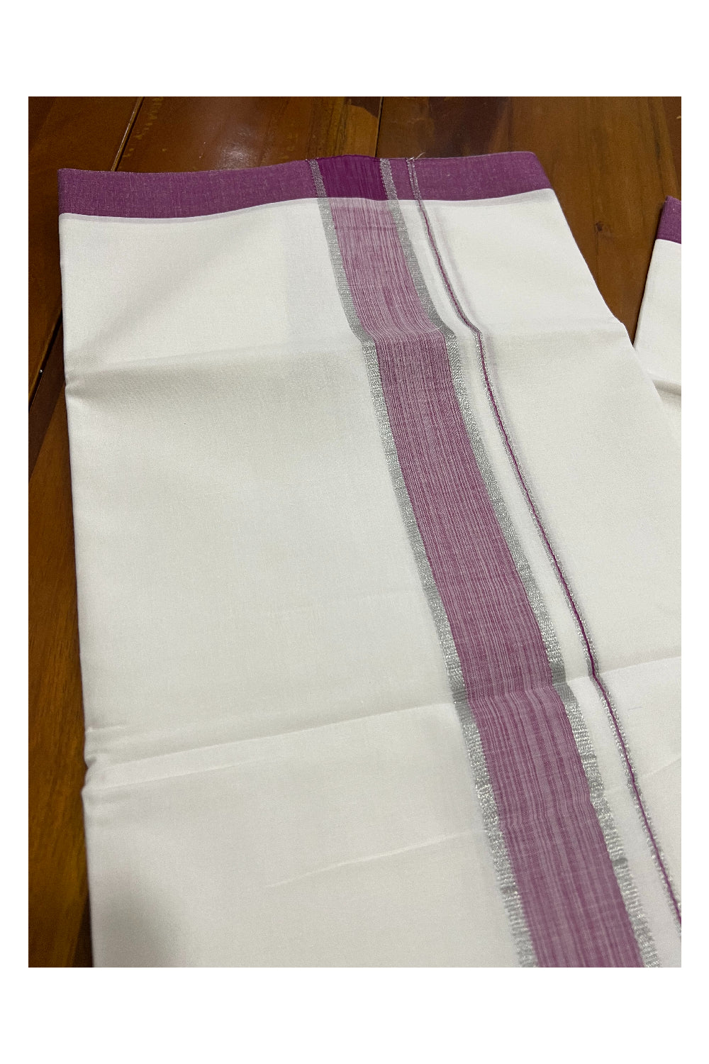 Pure White Kerala Cotton Double Mundu with Silver Kasavu and Magenta Border (South Indian Dhoti)