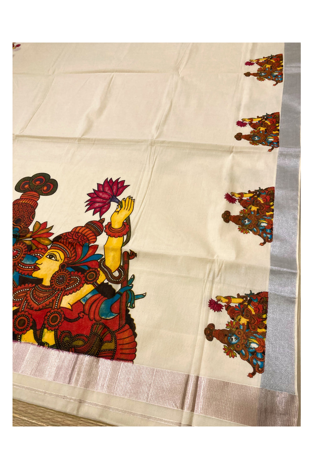 Pure Cotton Kerala Saree with Krishna Radha Mural Prints and Silver Border