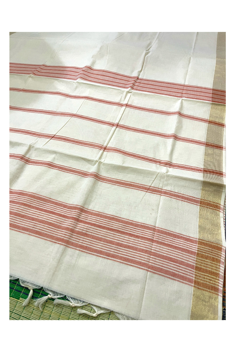 Pure Cotton Off White Kerala Saree with Red Pallu and Lines Design Running Blouse Piece (Onam Saree 2023)