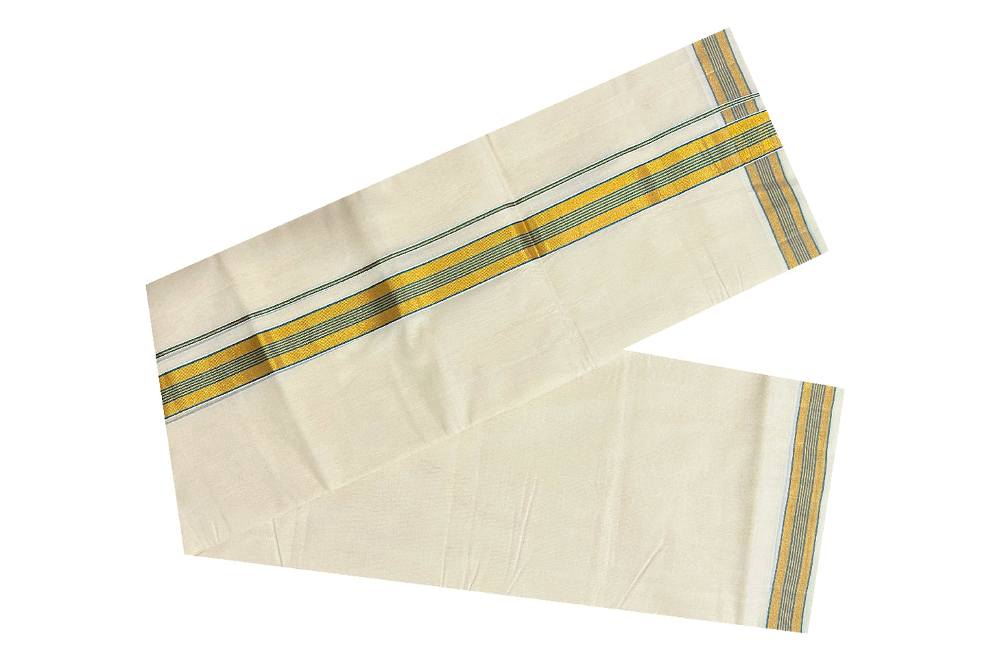 Southloom Kuthampully Handloom Pure Cotton Mundu with Golden and Green Kasavu Line Border (South Indian Dhoti)