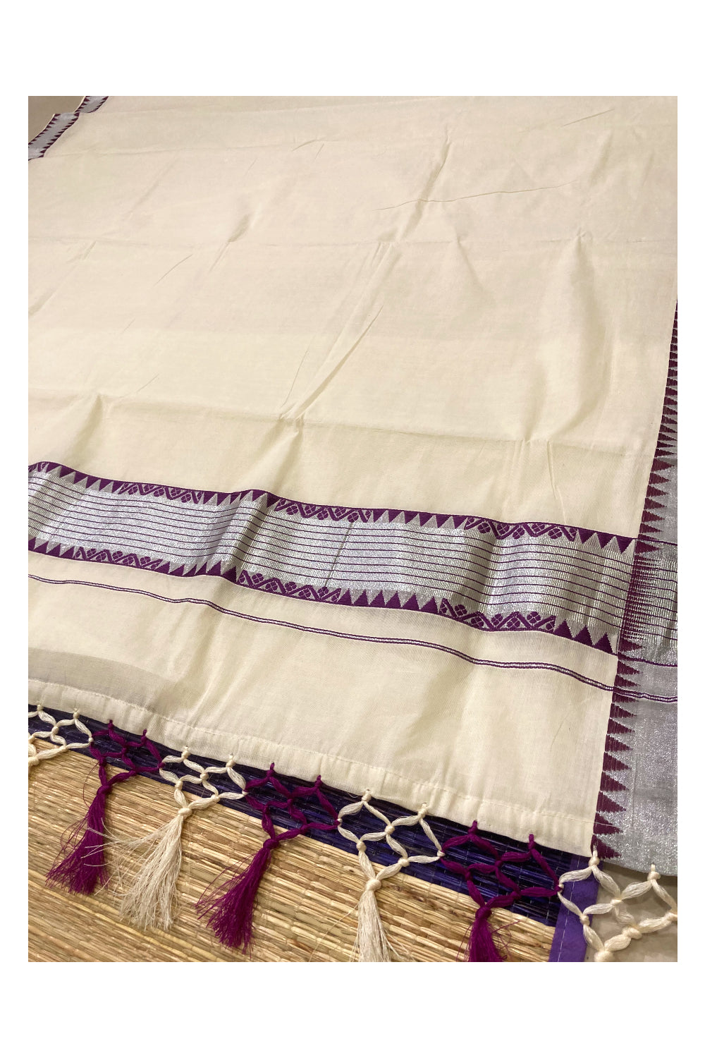 Pure Cotton Kerala Saree with Violet Temple Woven Works on Silver Kasavu Border