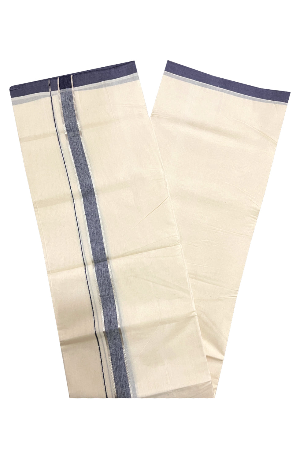 Pure Cotton Off White 100x100 Double Mundu with Silver Kasavu and Blue Border (South Indian Dhoti)