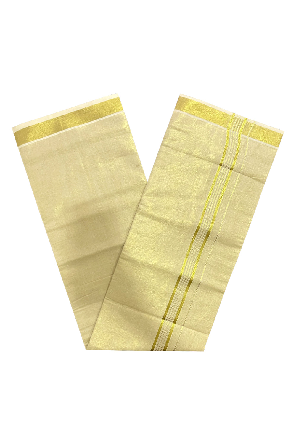 Kerala Tissue Double Mundu with Kasavu Lines Border (South Indian Dhoti)