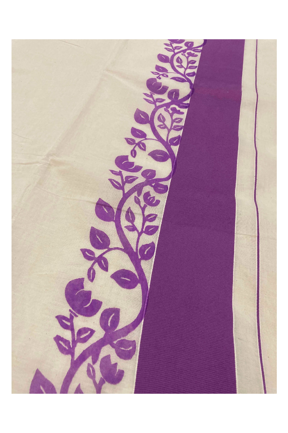 Southloom Original Design Kerala Saree with Violet Floral Vines Block Print