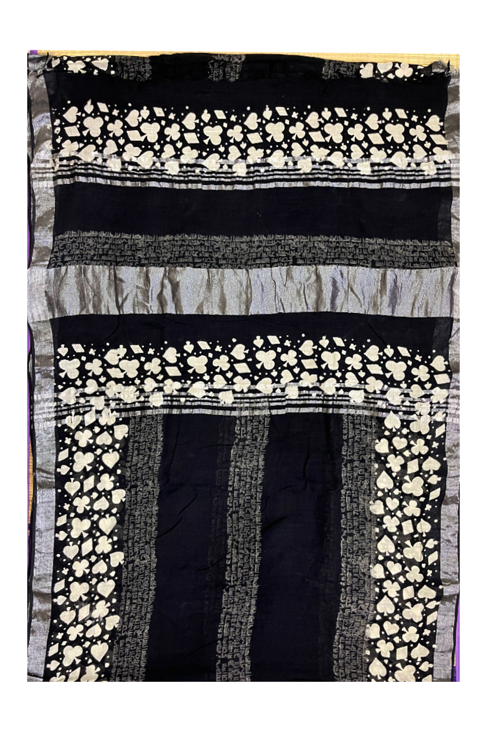 Southloom Linen Designer Black Saree with White Prints and Tassels Works