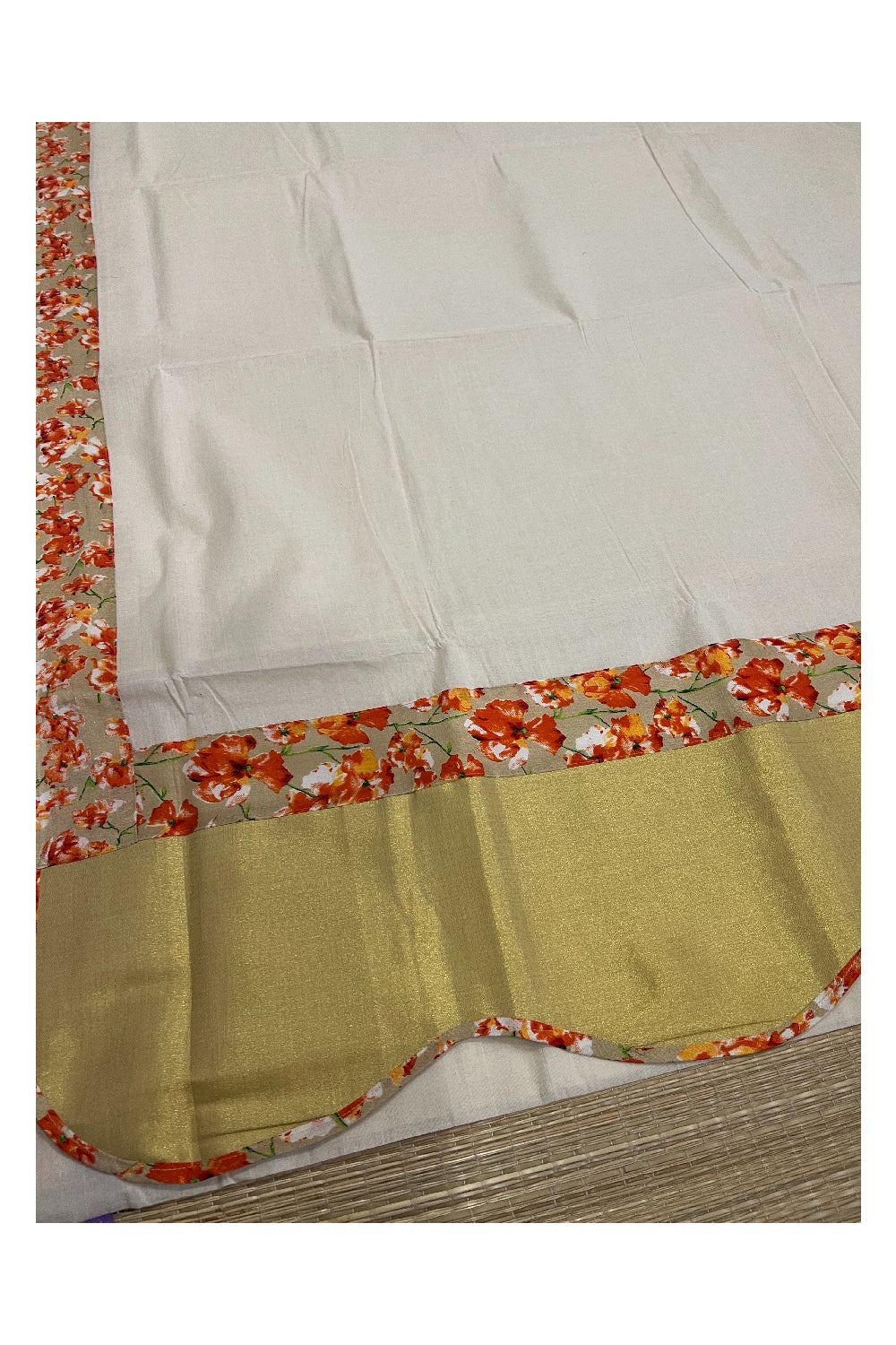 Kerala Pure Cotton Kalamkari Printed Kasavu Saree with Printed Blouse Piece