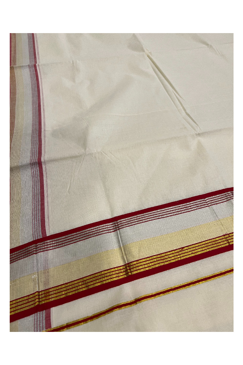 Kerala Cotton Saree with Silver Golden Kasavu and Red Border