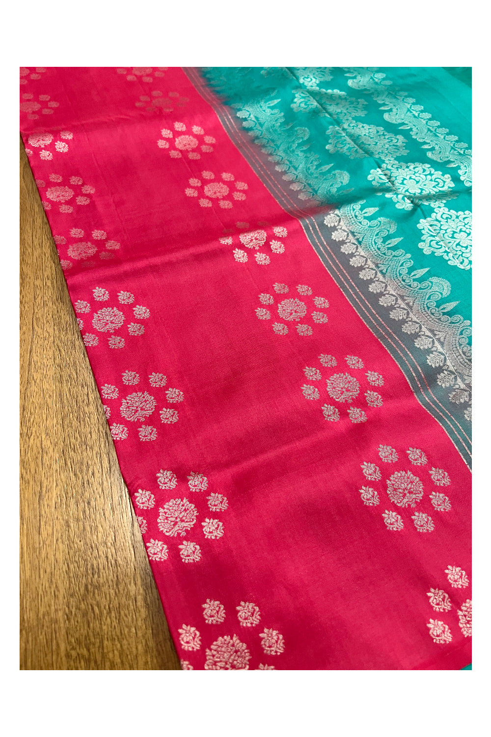 Southloom Handloom Pure Silk Kanchipuram Saree with Floral Patterns on Rose Body and Green Blouse Piece