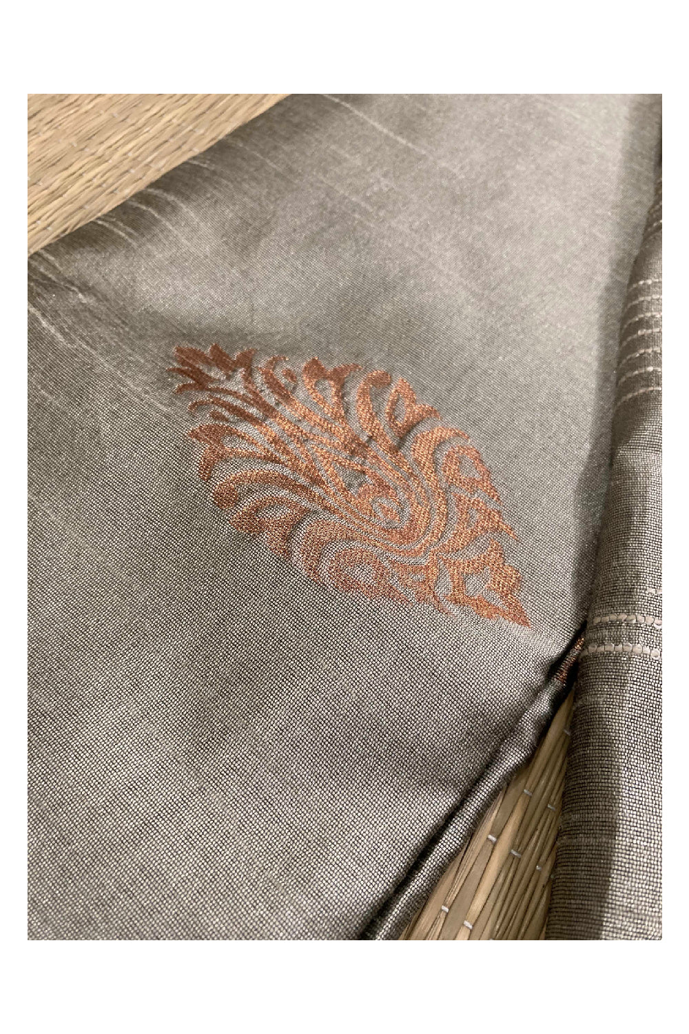 Southloom Beige Semi Tussar Thread Work Designer Saree with Tassels