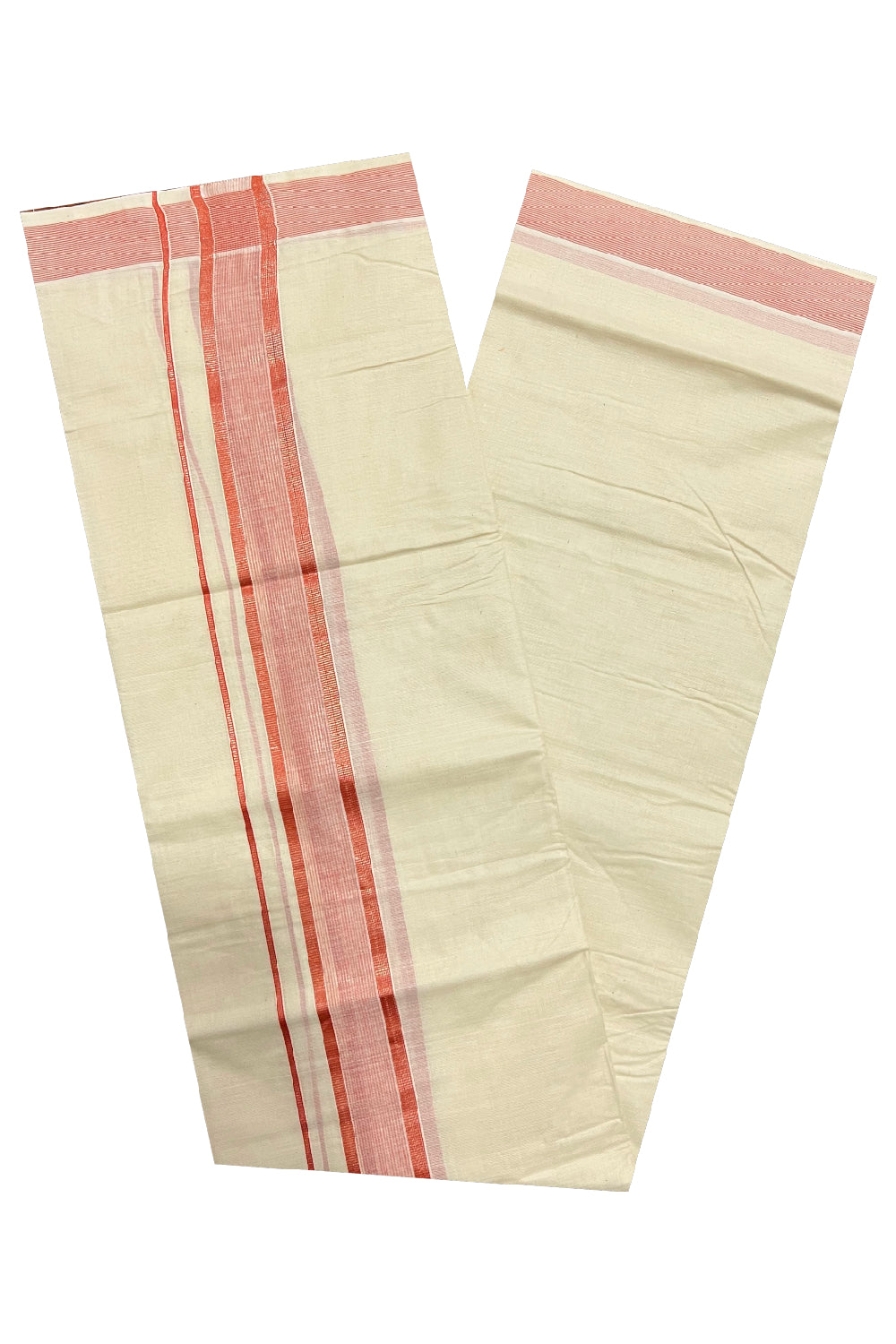 Pure Cotton Off White Double Mundu with Light Red and Silver Kasavu Border (South Indian Dhoti)