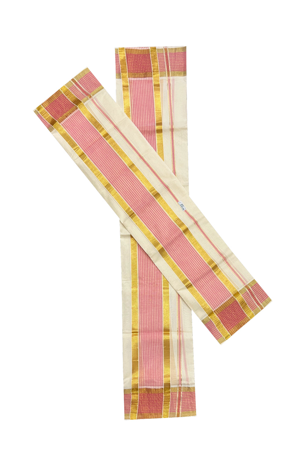 Kerala Cotton Single Set Mundu (Mundum Neriyathum) with Pink Lines and Kasavu Border
