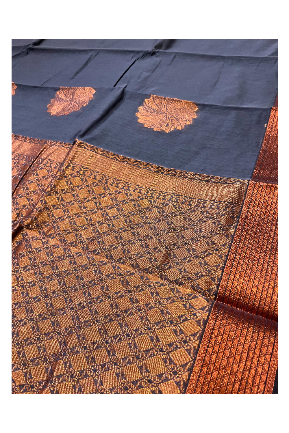 Southloom Cotton Silk Grey Designer Saree with Copper Zari Motifs