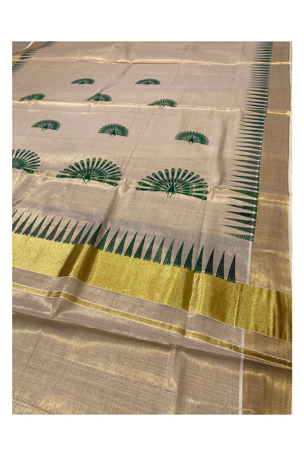 Kerala Tissue Kasavu Saree with Green Block Prints