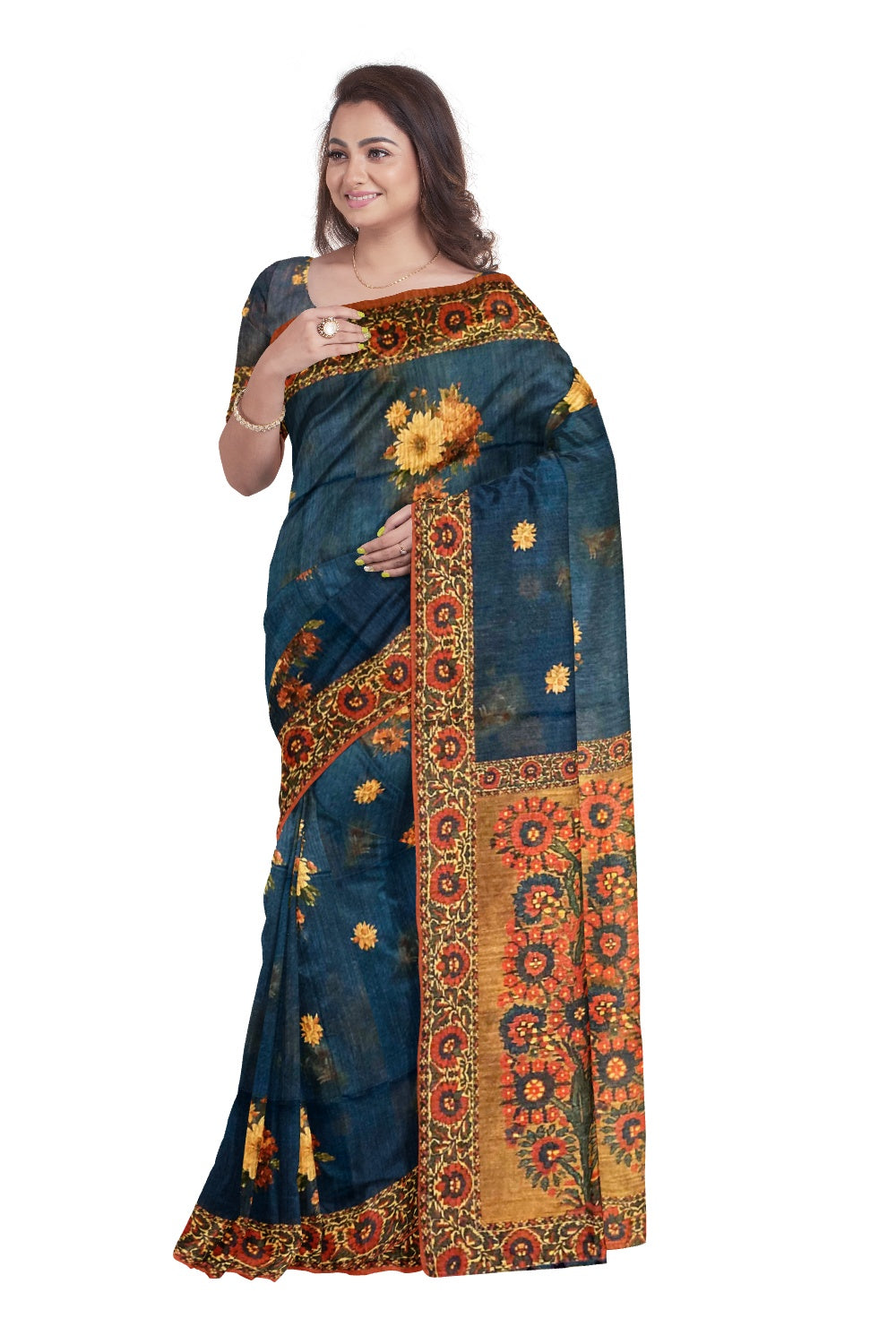 Southloom Semi Silk Dark Blue and Brown Floral work Designer Saree