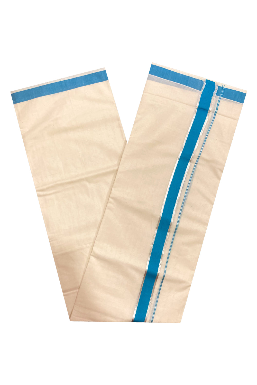 Pure Cotton Double Mundu with Blue and Silver Kasavu Border (South Indian Dhoti)