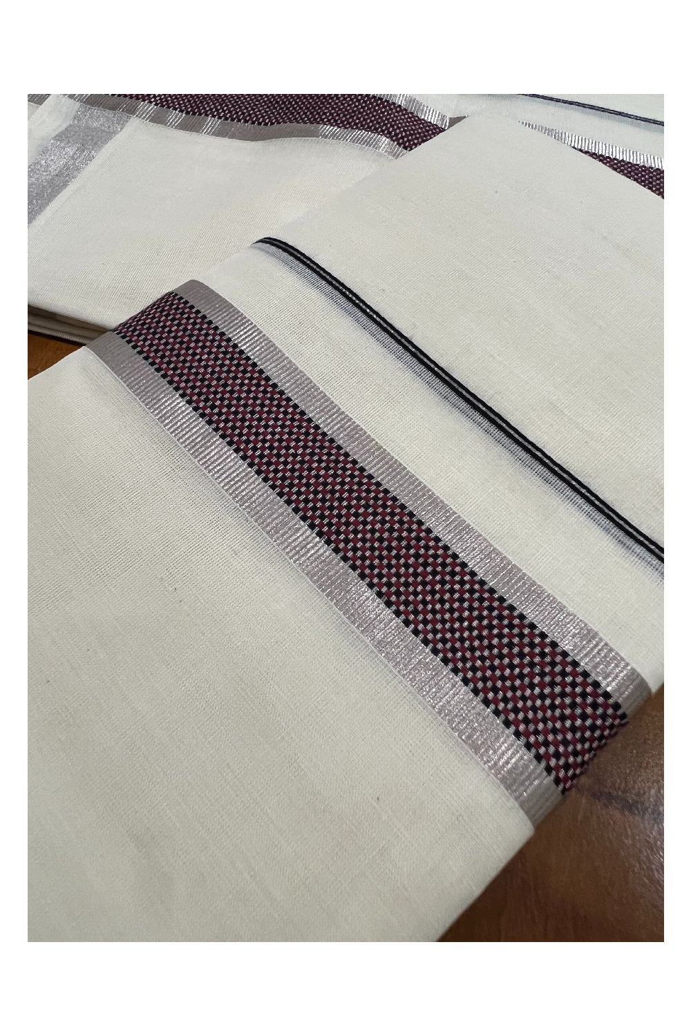 Southloom Premium Handloom Set Mundu with Silver Kasavu and Brown Maroon Woven Design Border