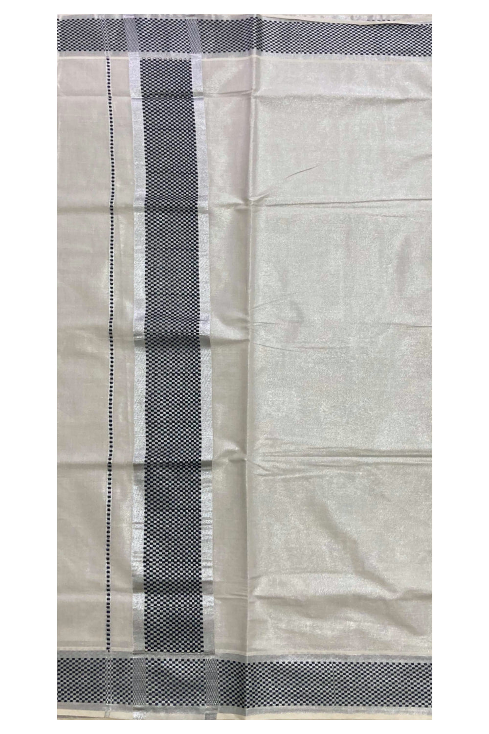 Kerala Silver Tissue Kasavu Saree with Black Paa Neythu Border