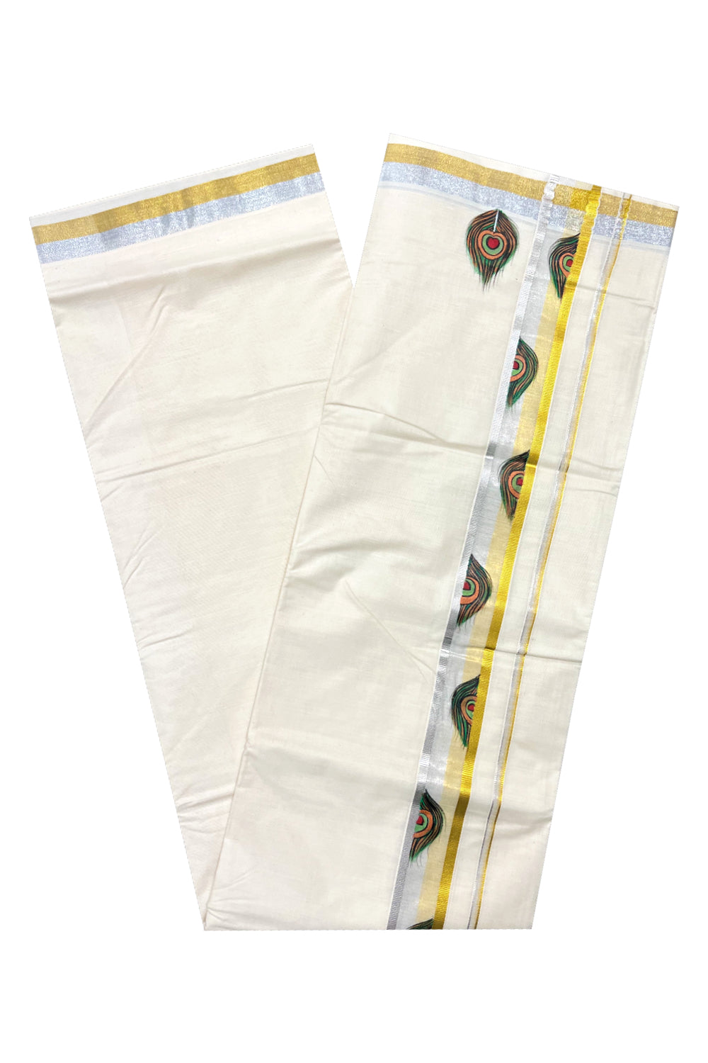 Pure Cotton Silver Golden Kasavu Mundu with Mural Hand Painted Peacock Feather Design (South Indian Dhoti)