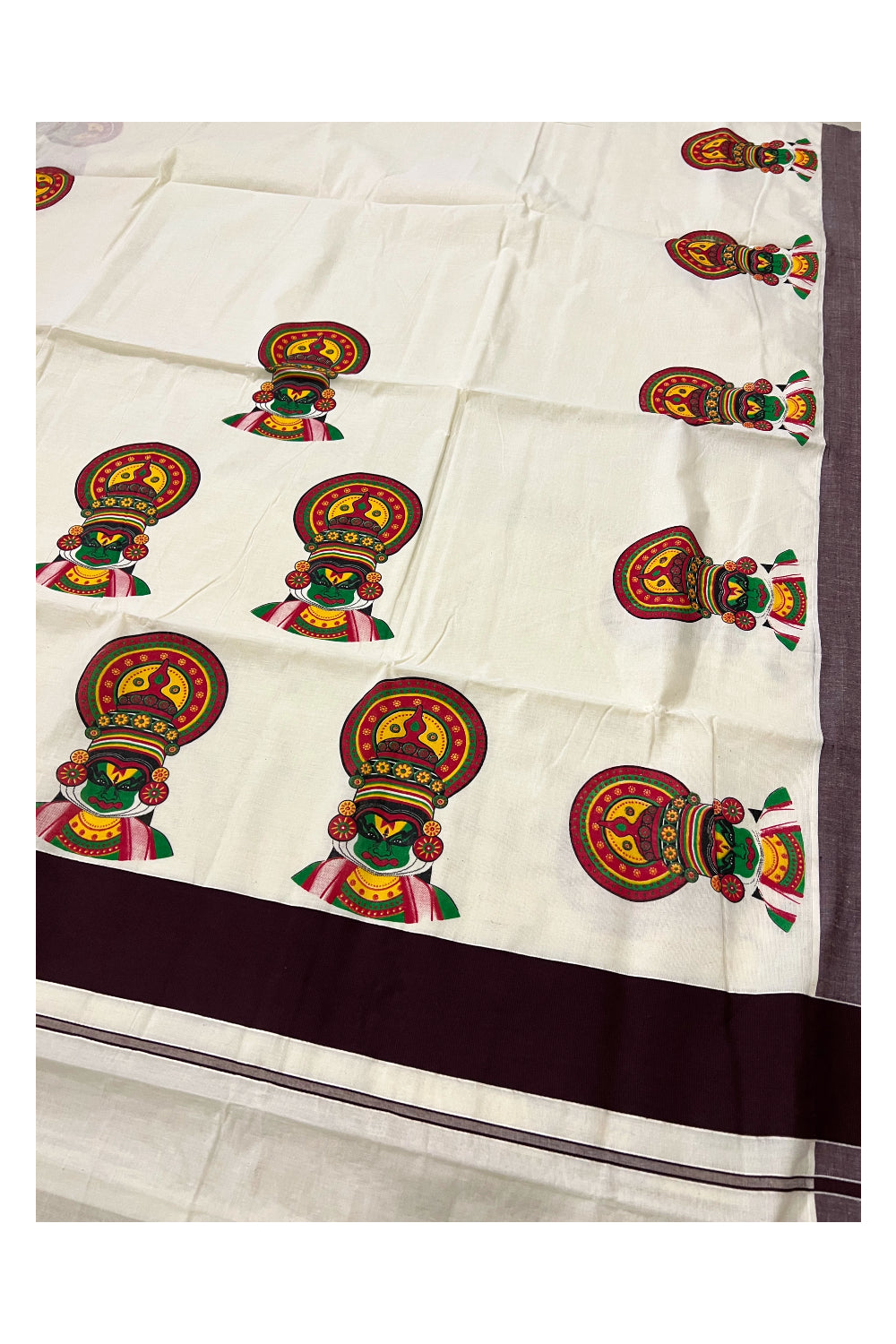 Kerala Pure Cotton Dark Brown Border Saree with Kathakali Face Mural Printed Design