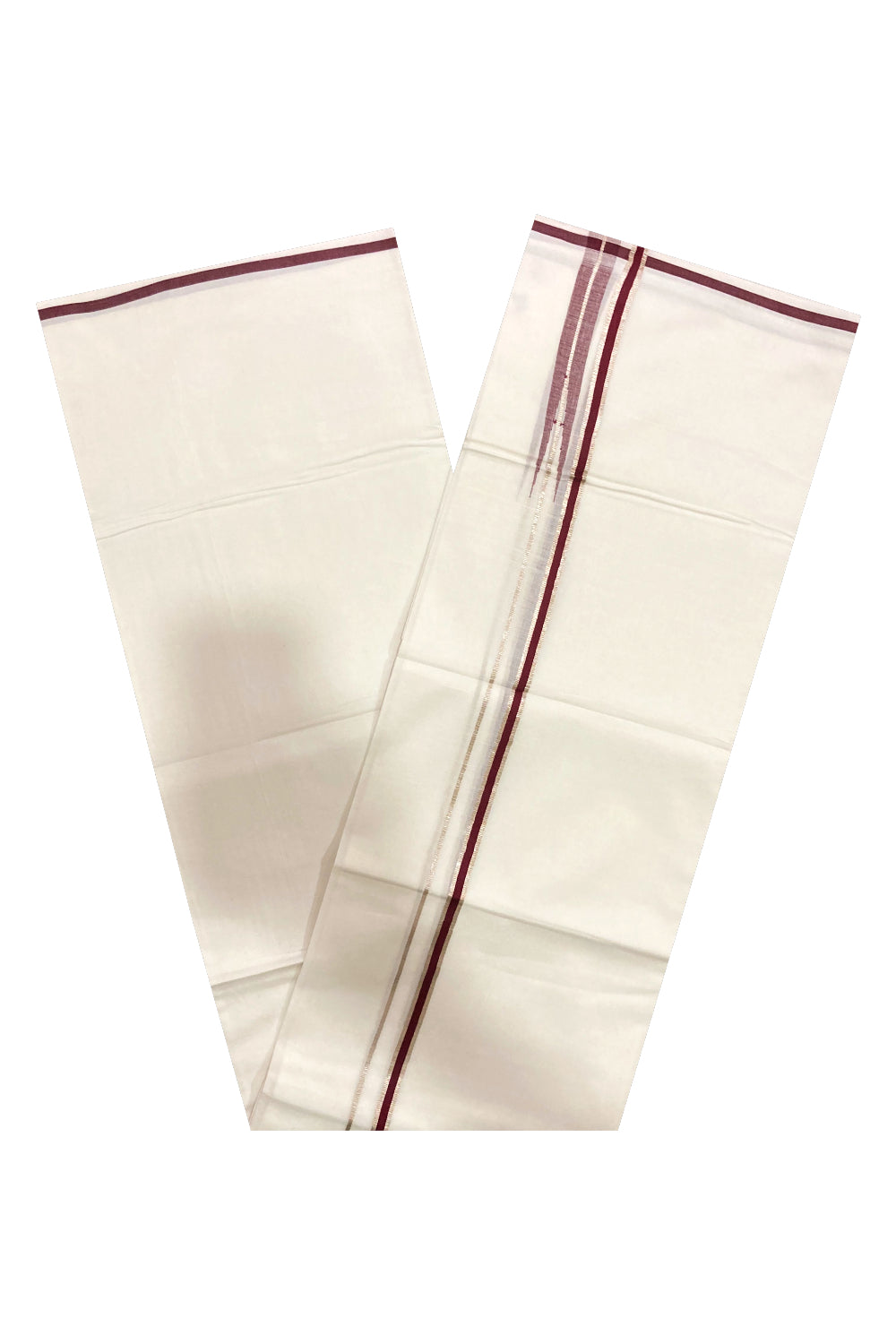 Pure White Kerala Cotton Double Mundu with Silver Kasavu and Dark Maroon Border (South Indian Dhoti)