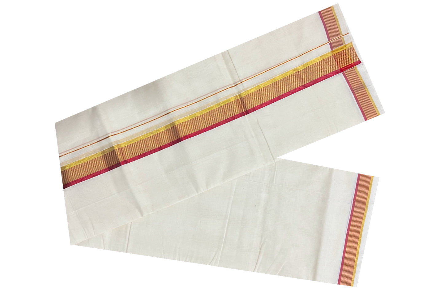 Southloom Kuthampully Handloom Pure Cotton Mundu with Golden and Red Kasavu Border (South Indian Dhoti)