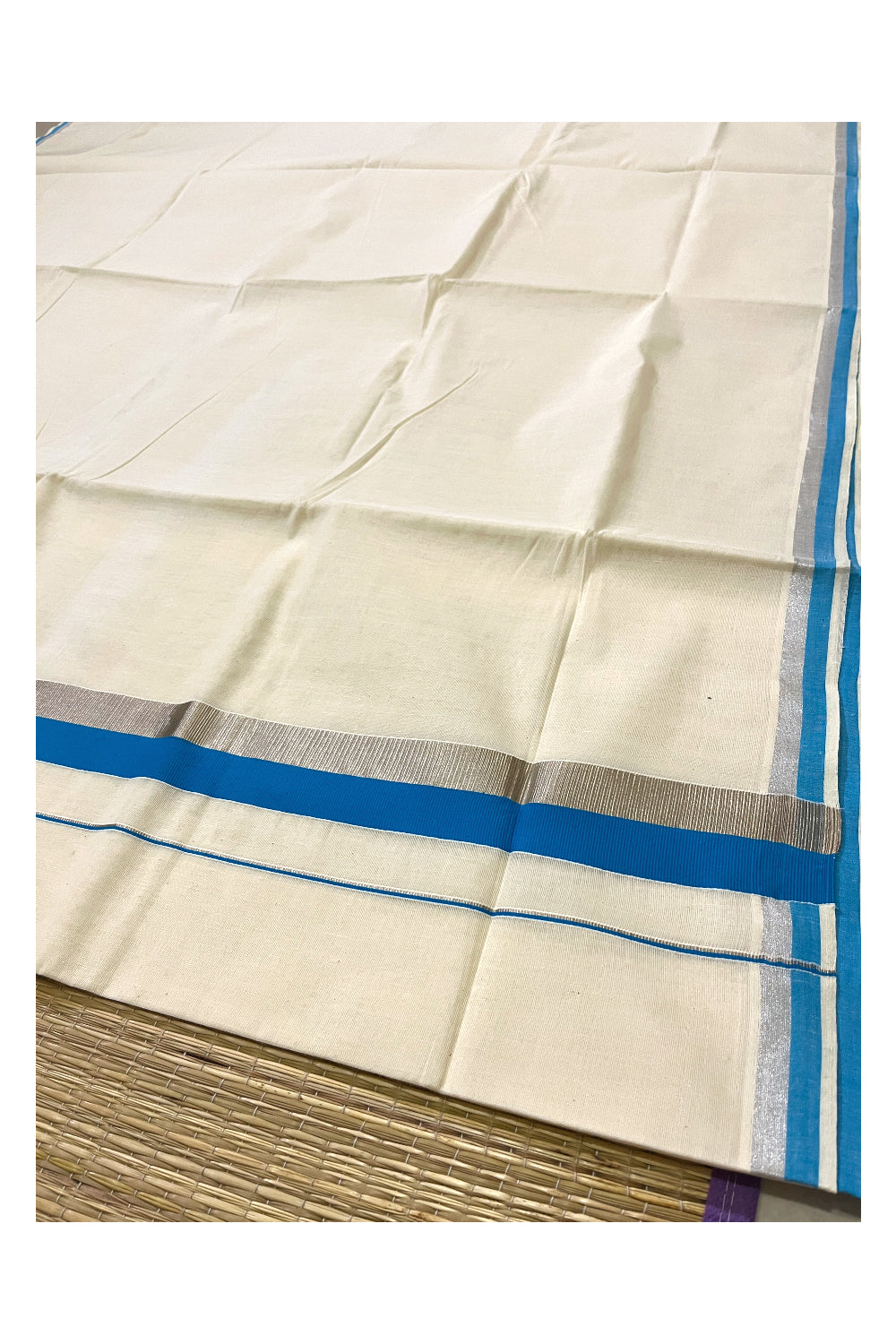 Kerala Pure Cotton Plain Saree with Silver Kasavu and Blue Border