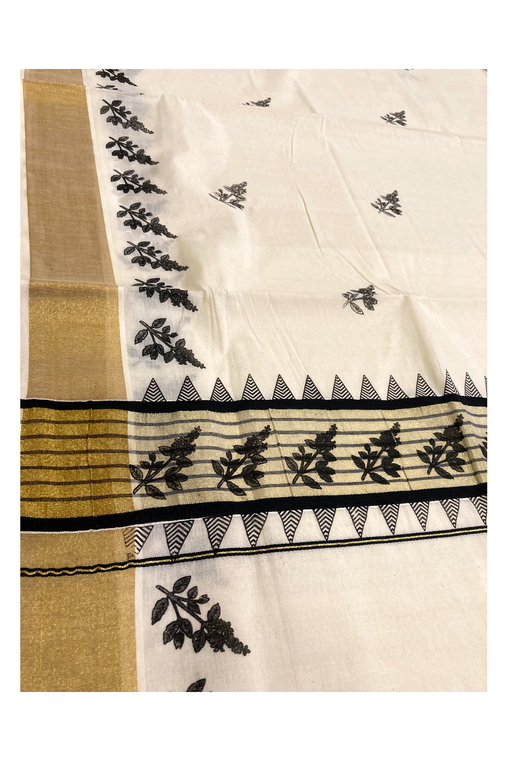 Pure Cotton Kerala Kasavu Saree with Black Block Printed Design