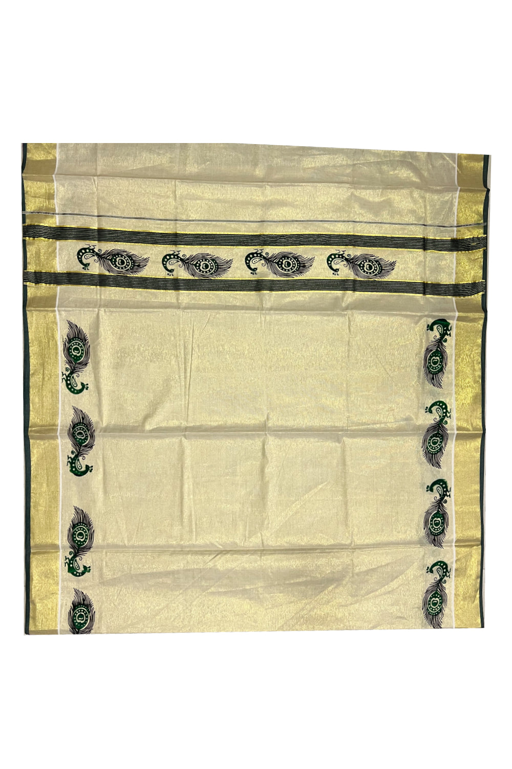 Kerala Tissue Kasavu Saree with Dark Green Peacock Block Printed Design