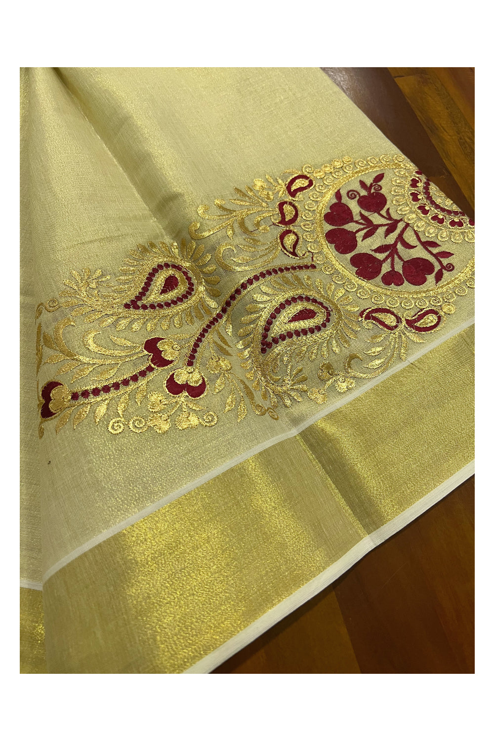 Kerala Tissue Kasavu Set Mundu (Mundum Neriyathum) with Floral Embroidery Work