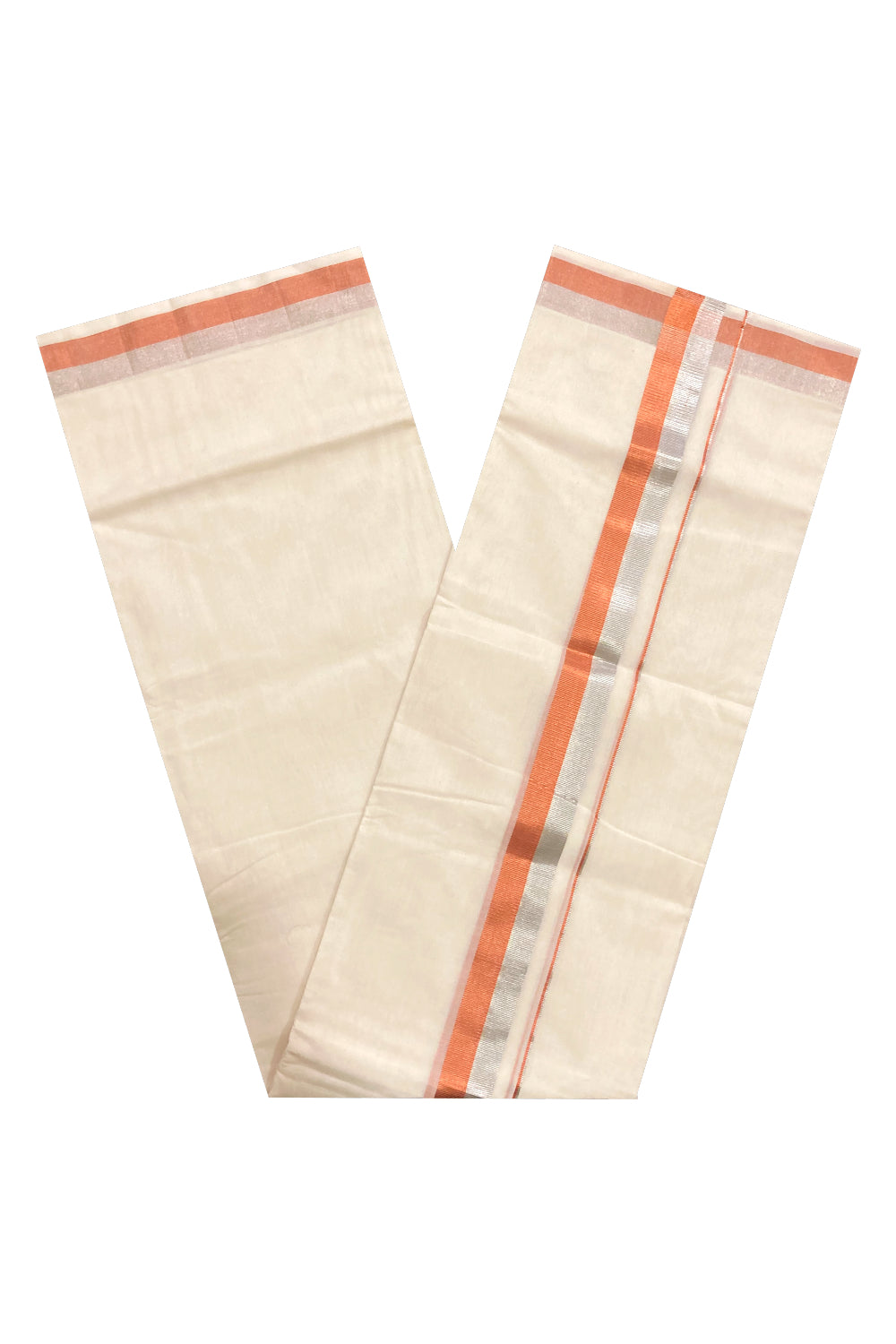 Southloom™ Premium Handloom Mundu with Silver and Copper Kasavu Border (South Indian Dhoti) 2 inch