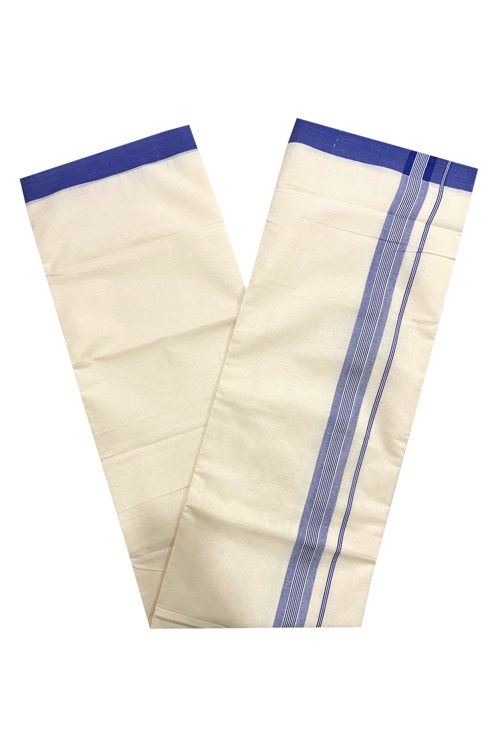 Pure Cotton Off White Double Mundu with Blue Kara (South Indian Dhoti)