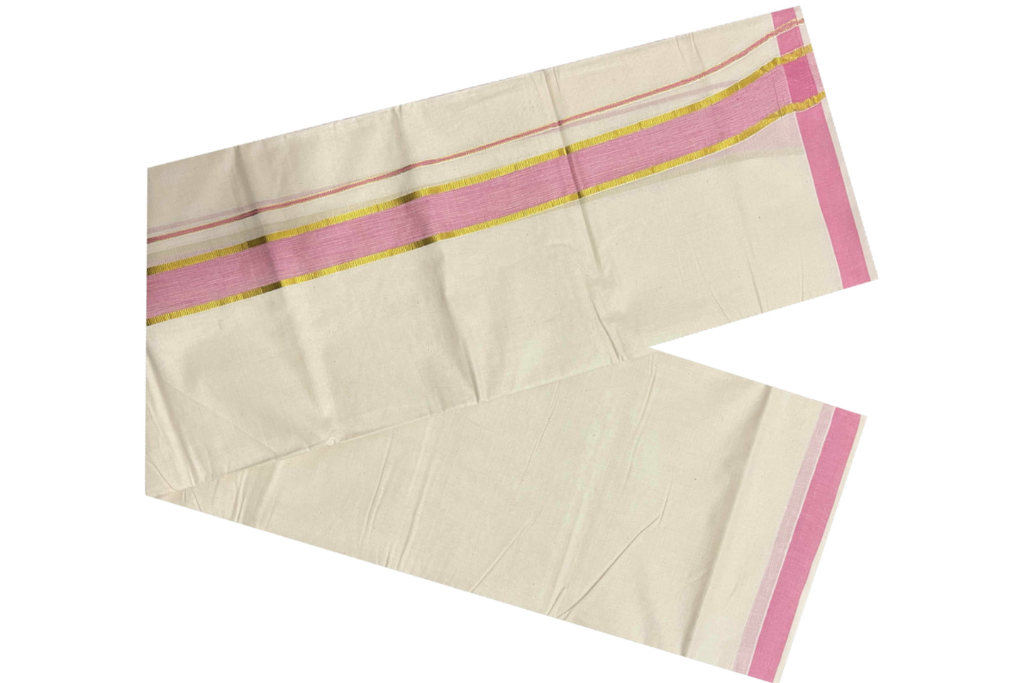 Off White Kerala Double Mundu with Kasavu and Pink Border (South Indian Dhoti)