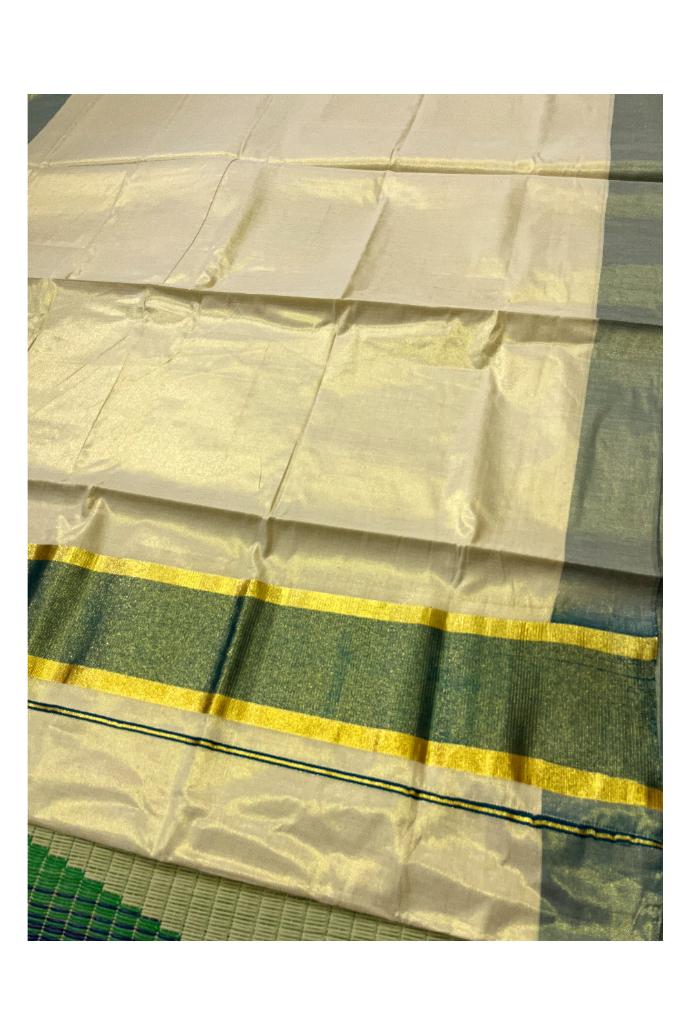 Kerala Tissue Kasavu Plain Saree with Green and Kasavu Border